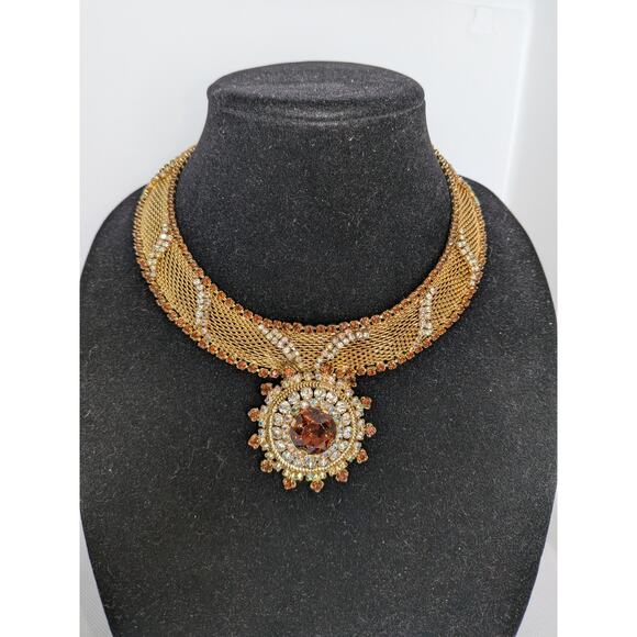 Hobé Vintage Gold Mesh Brown Crystal Rhinestone Collar Necklace Hook Clasp Sign - Picture 1 of 6